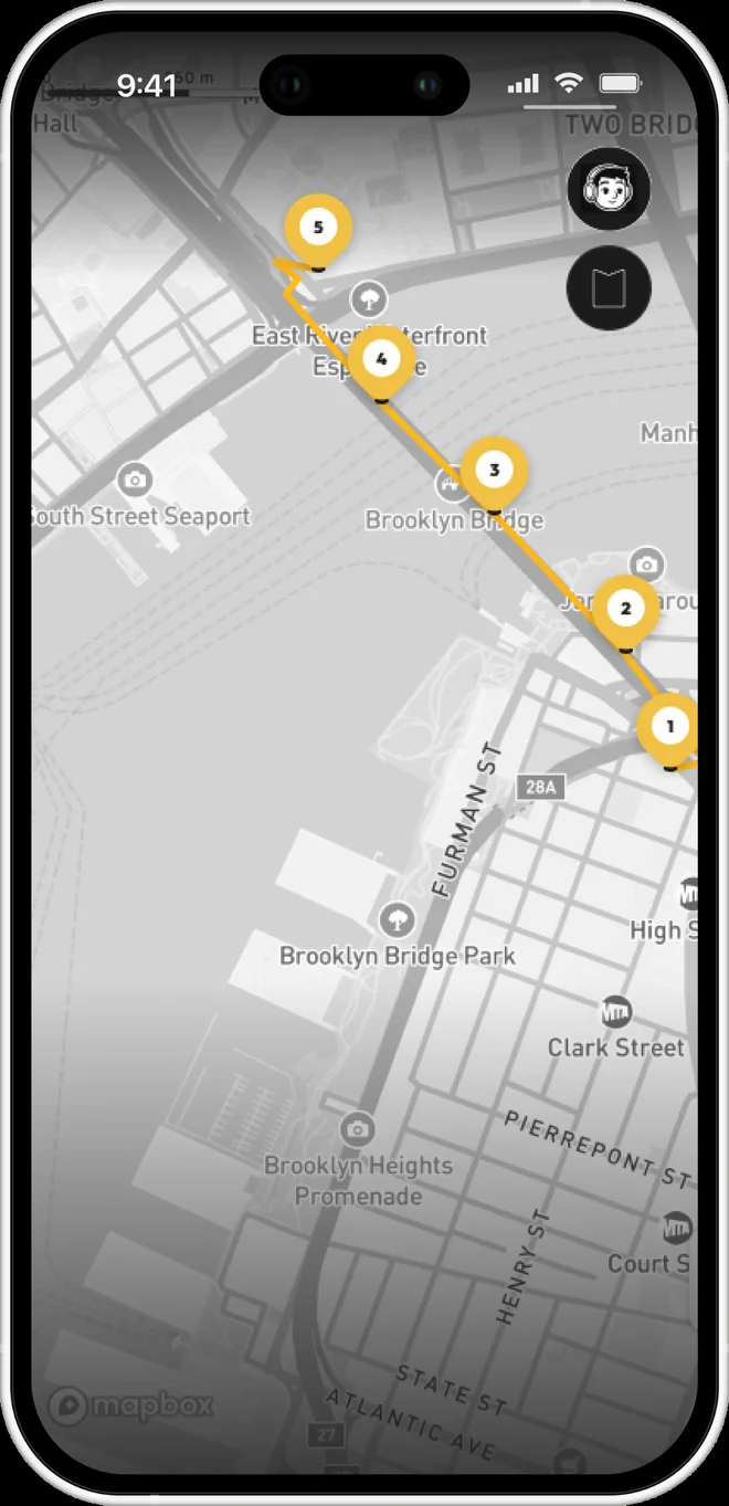 IMRSY app preview showing a walking route across Brooklyn Bridge with five numbered stops